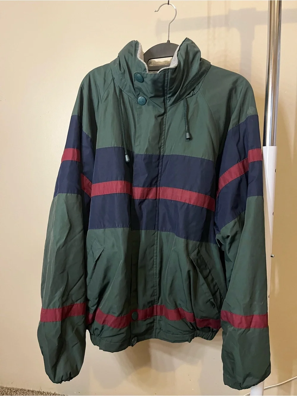1990s Nautica Green Navy Red Stripe Fleece-Lined Winter Puffer Jacket